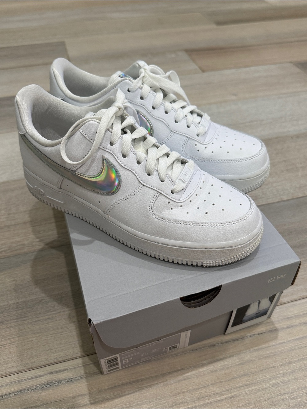 Nike: Like New — Womens Air Force 1 White Sneakers with Iridescent Swoosh Size 8